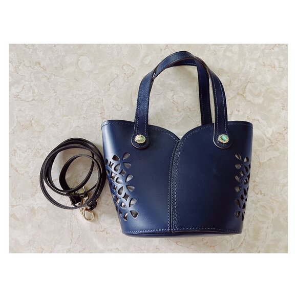 Ripani Navy Blue Top Handle Bucket Bag With Floral Cutout Design Italy - Picture 1 of 8